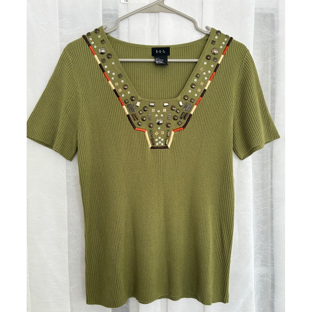 RQT Womens‎ Olive Green Ribbed Knit Embellished Square Neck Short Sleeve Top L